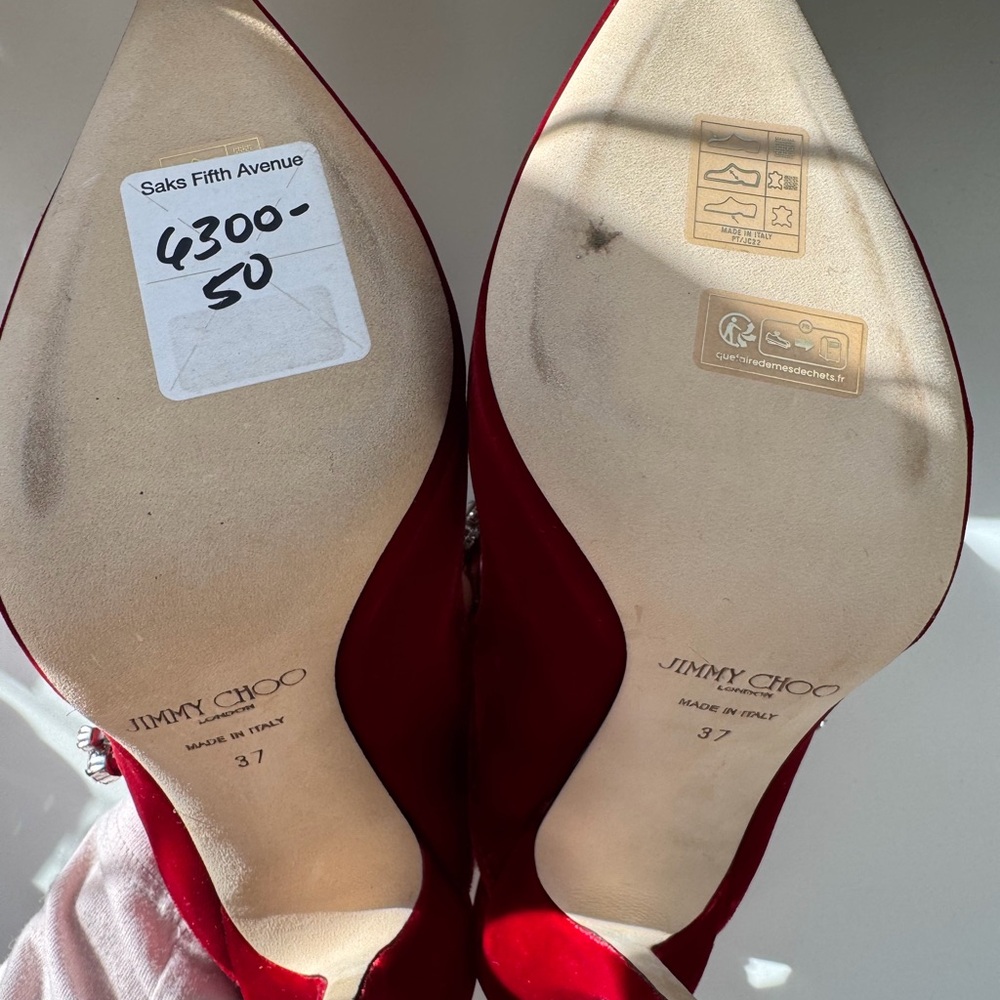 Jimmy Choo Red Velvet Heels with Crystal Embellishments - Picture 2 of 7